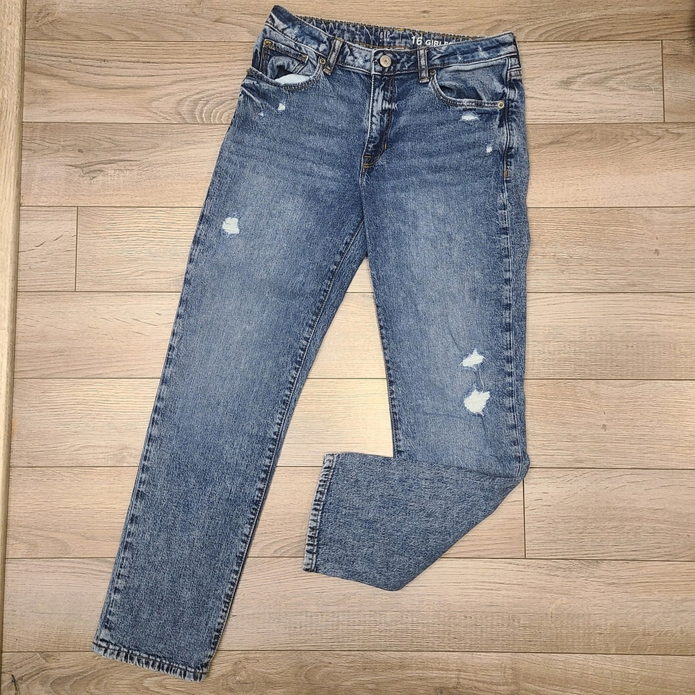 GAP Kids Girls Girlfriend Jeans Distressed Stretch Blue Denim Pants Size 16